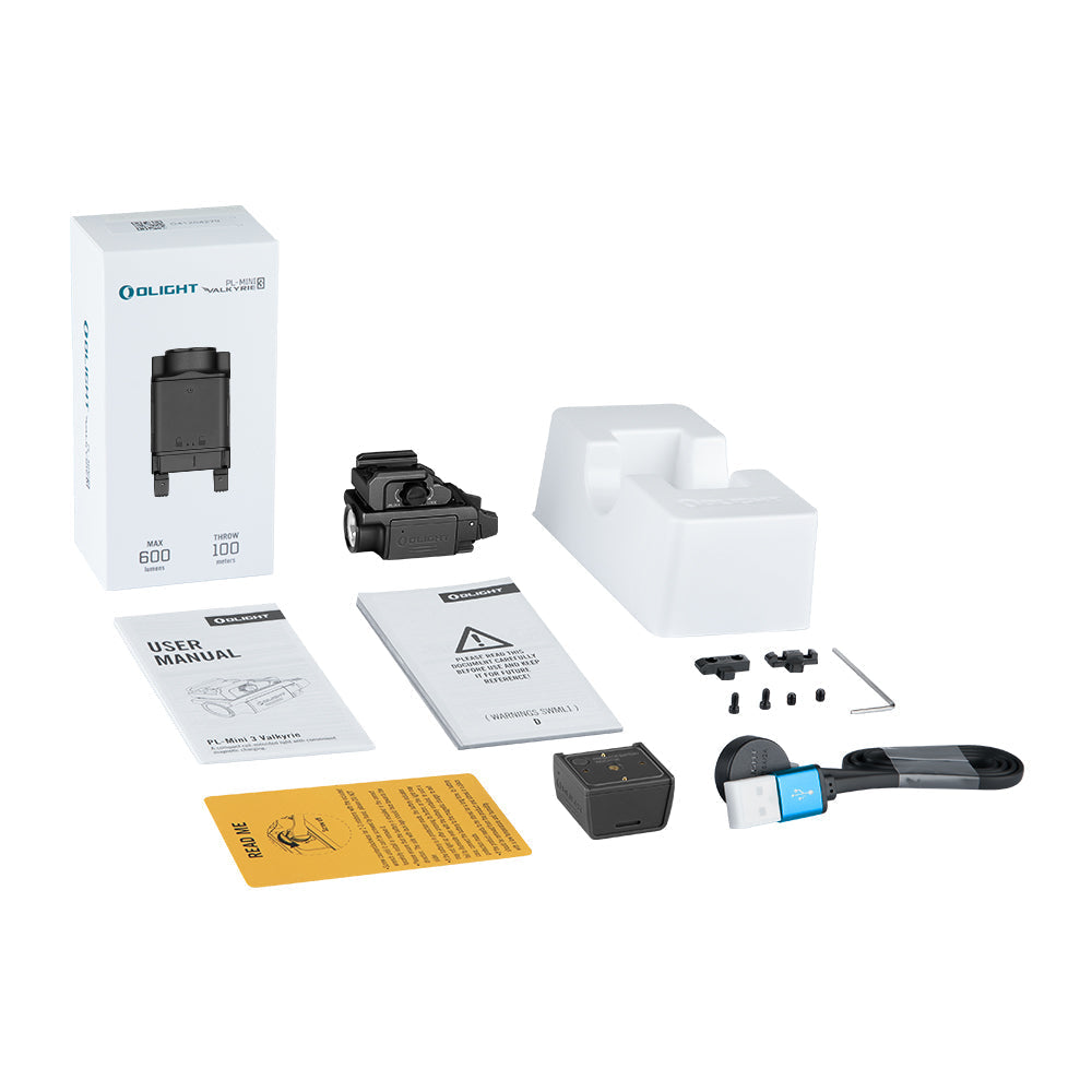 Olight PL-MINI 3 Valkyrie Black package contents – pistol light, spare battery, charging cable, rail adapters and user manual