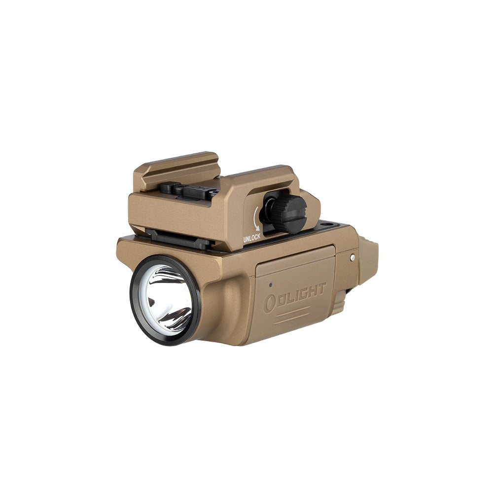 Olight PL-MINI 3 Valkyrie Desert Tan angled view – 600 lumen compact pistol light