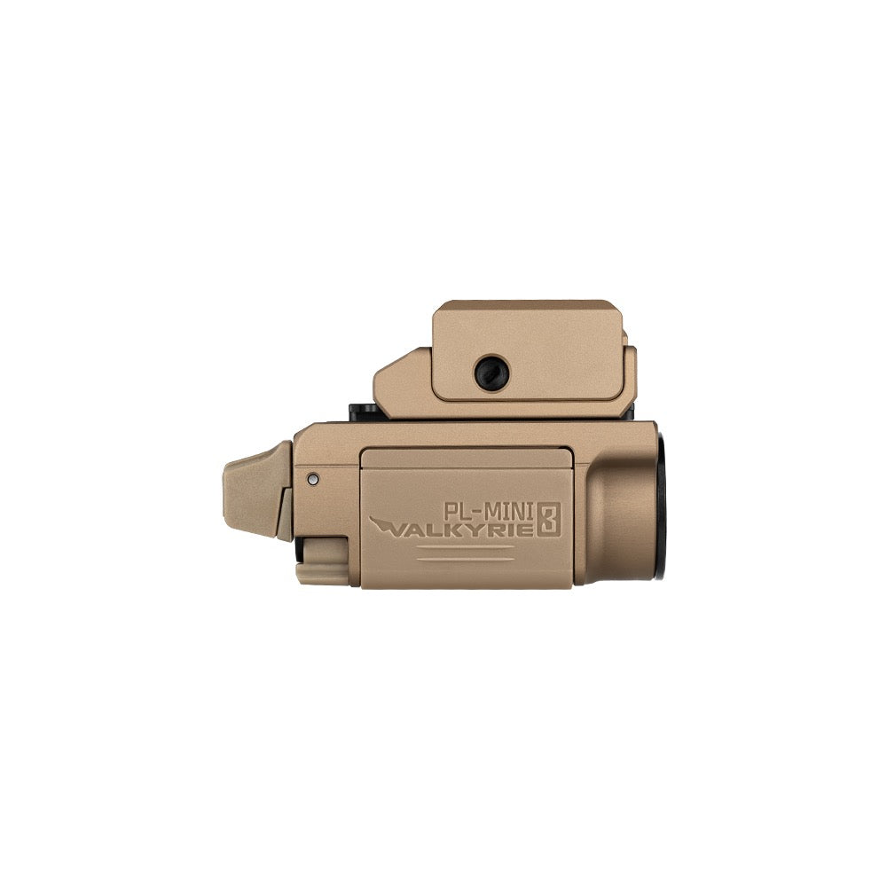 Olight PL-MINI 3 Valkyrie Desert Tan front view showing the TIR optic
