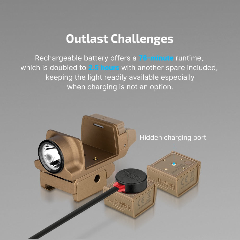Olight PL-MINI 3 Valkyrie rechargeable battery with hidden charging port and doubled runtime using the spare