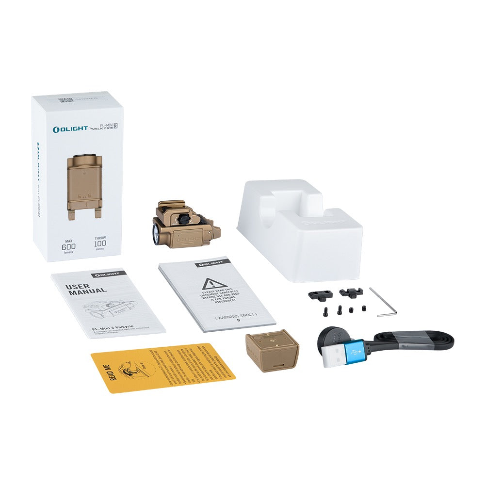 Olight PL-MINI 3 Valkyrie Desert Tan package contents – pistol light, spare battery, charging cable, rail adapters and user manual