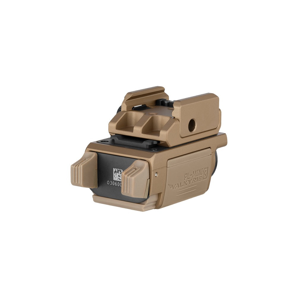 Olight PL-MINI 3 Valkyrie Desert Tan rear angled view showing the ambidextrous switches