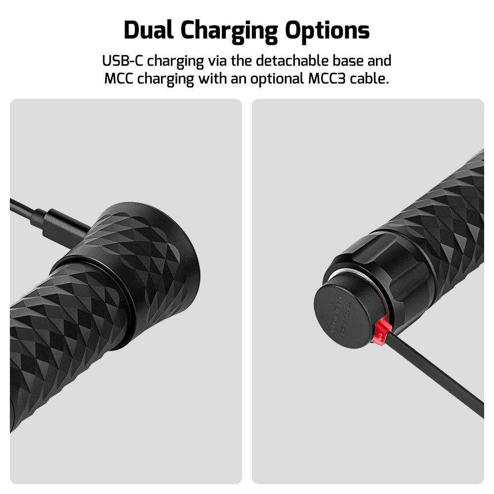 Olight Prowess dual charging – USB-C charging via the detachable base and MCC charging with an optional MCC3 cable
