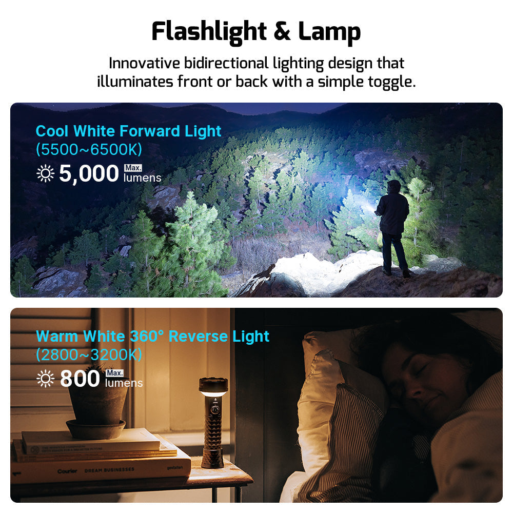 Olight Prowess flashlight and lamp – 5,000 lumen cool white forward light and 800 lumen warm white 360 degree lantern light