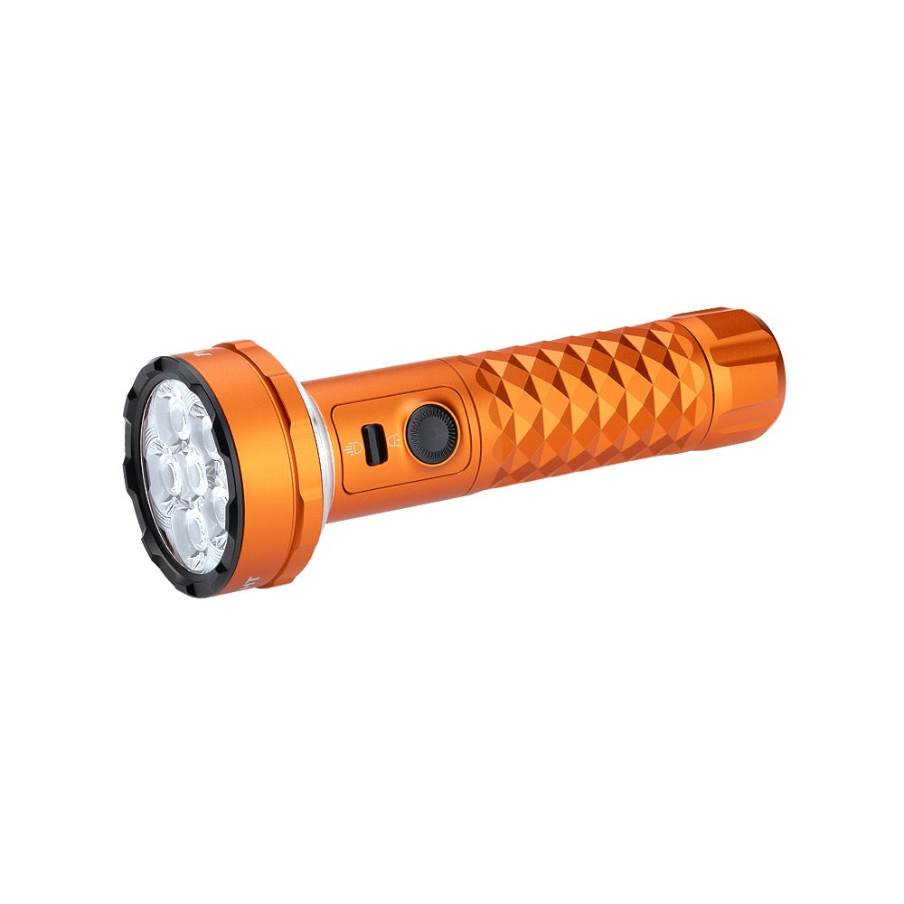 Olight Prowess Orange angled view – 5,000 lumen bidirectional flood and 360 degree lantern light