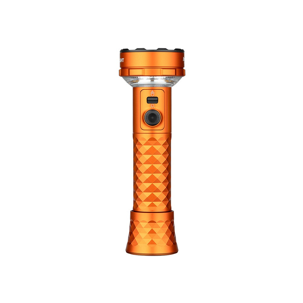 Olight Prowess Orange front view showing the switch and ribbed body