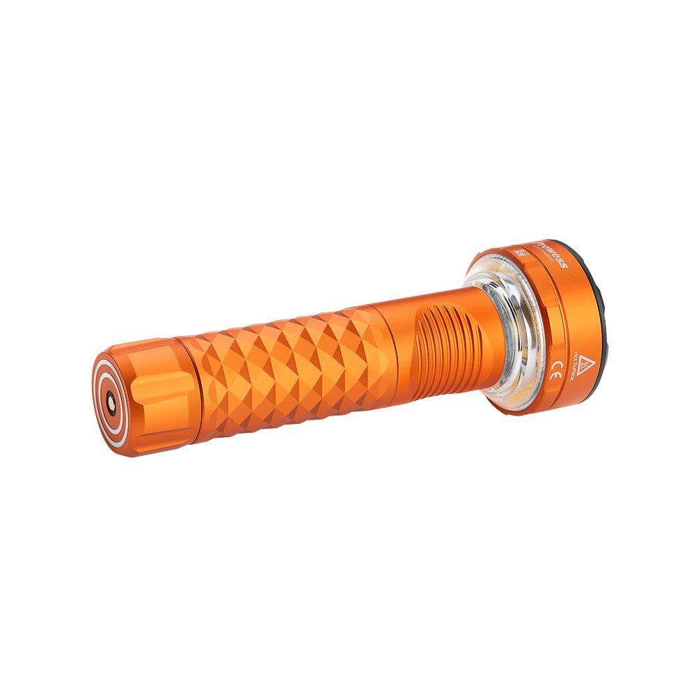 Olight Prowess Orange side view showing the body clip and lantern diffuser