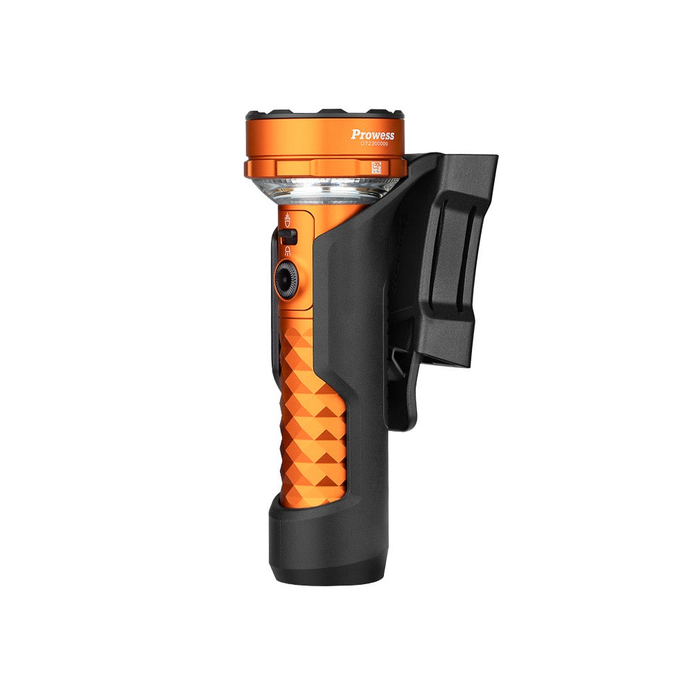 Olight Prowess Orange shown with its detachable magnetic charging base