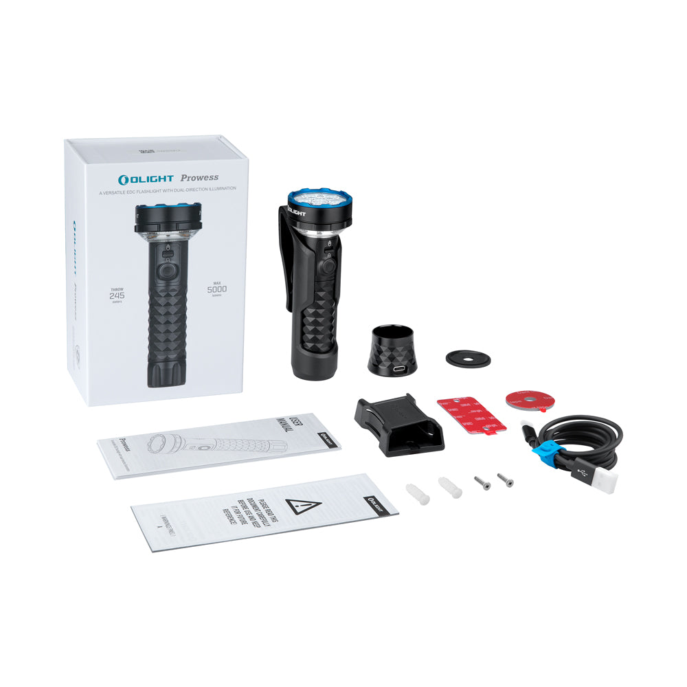 Olight Prowess package contents – light, detachable charging base, USB-C cable, accessories and user manual