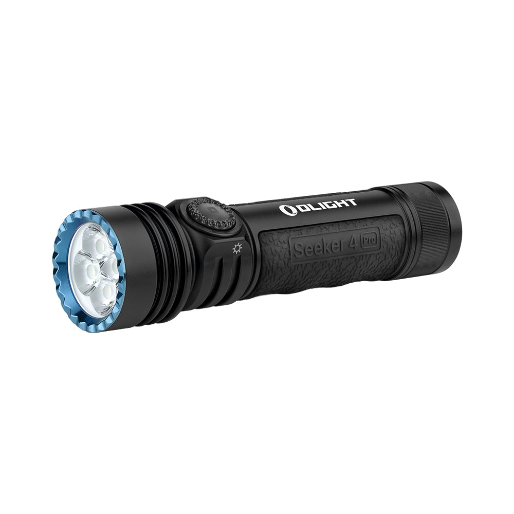 Olight Seeker 4 Pro Black angled view – 4,600 lumen high-power EDC flood beam flashlight
