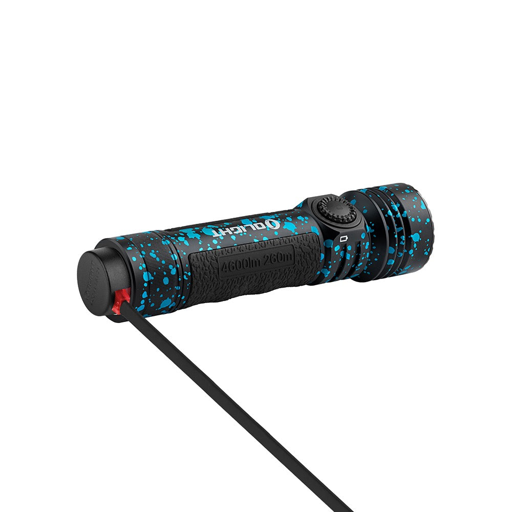 Olight Seeker 4 Pro Deep Ocean shown in its included holster