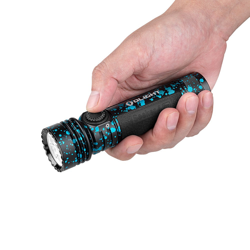 Olight Seeker 4 Pro Deep Ocean rear view showing the magnetic tailcap