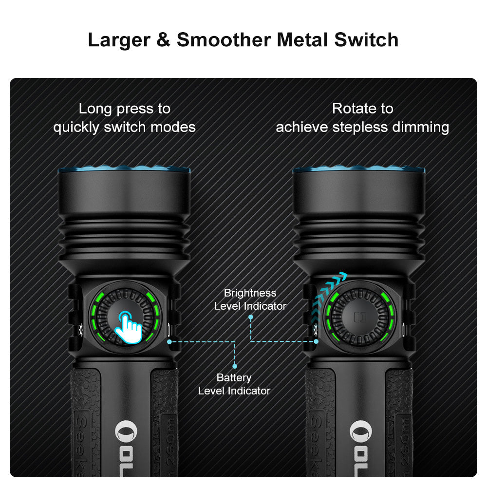 Olight Seeker 4 Pro larger and smoother metal switch – long press to change modes, rotate for stepless dimming