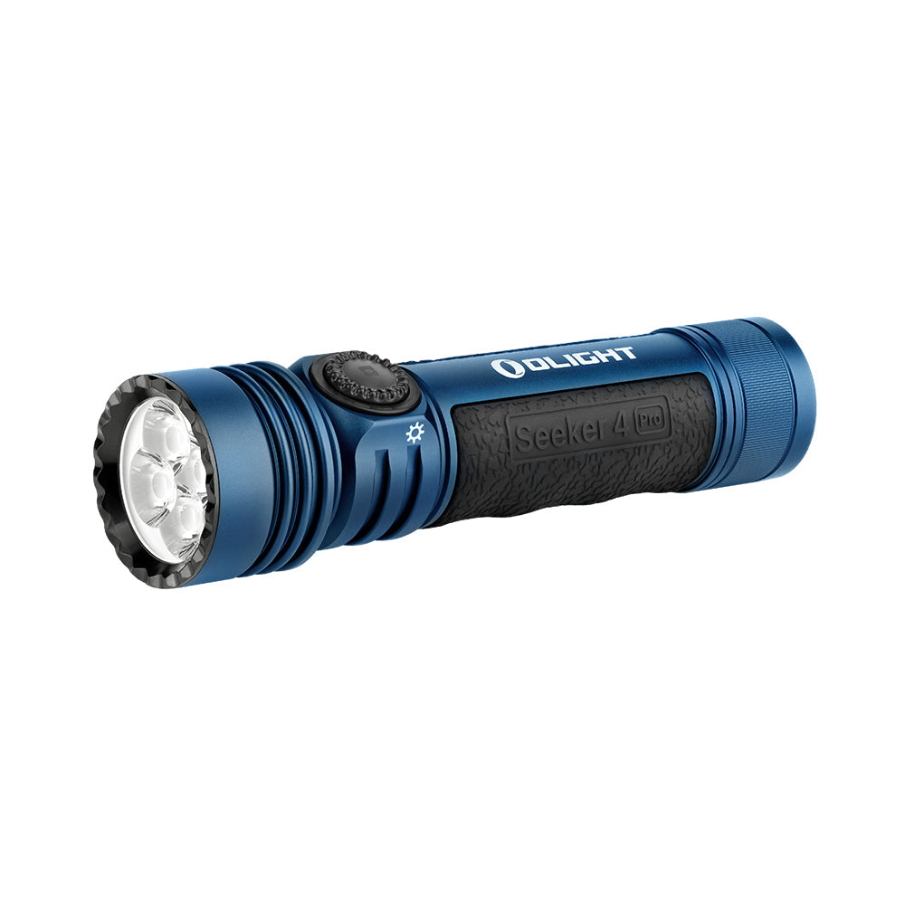 Olight Seeker 4 Pro Midnight Blue angled view – 4,600 lumen high-power EDC flood beam flashlight