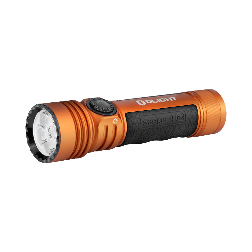 Olight Seeker 4 Pro Orange angled view – 4,600 lumen high-power EDC flood beam flashlight