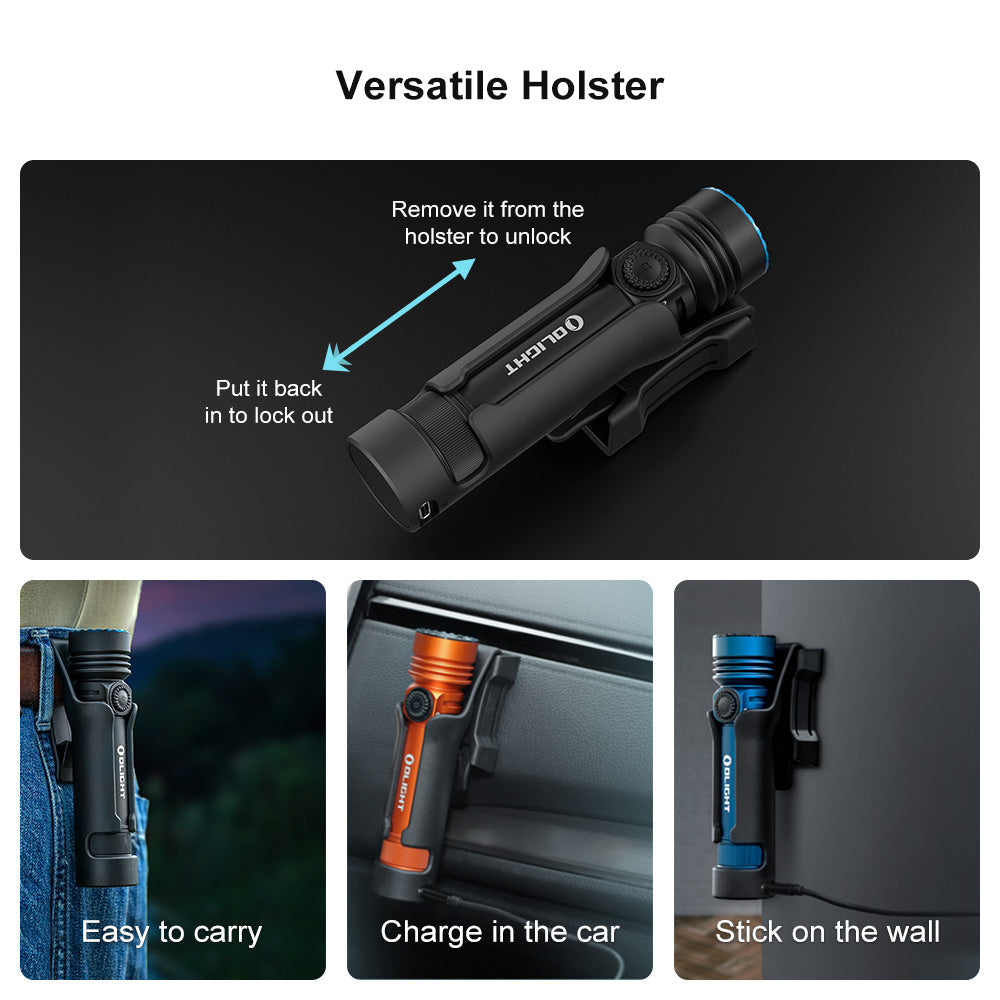 Olight Seeker 4 Pro versatile holster – easy to carry, charge in the car, or stick on the wall