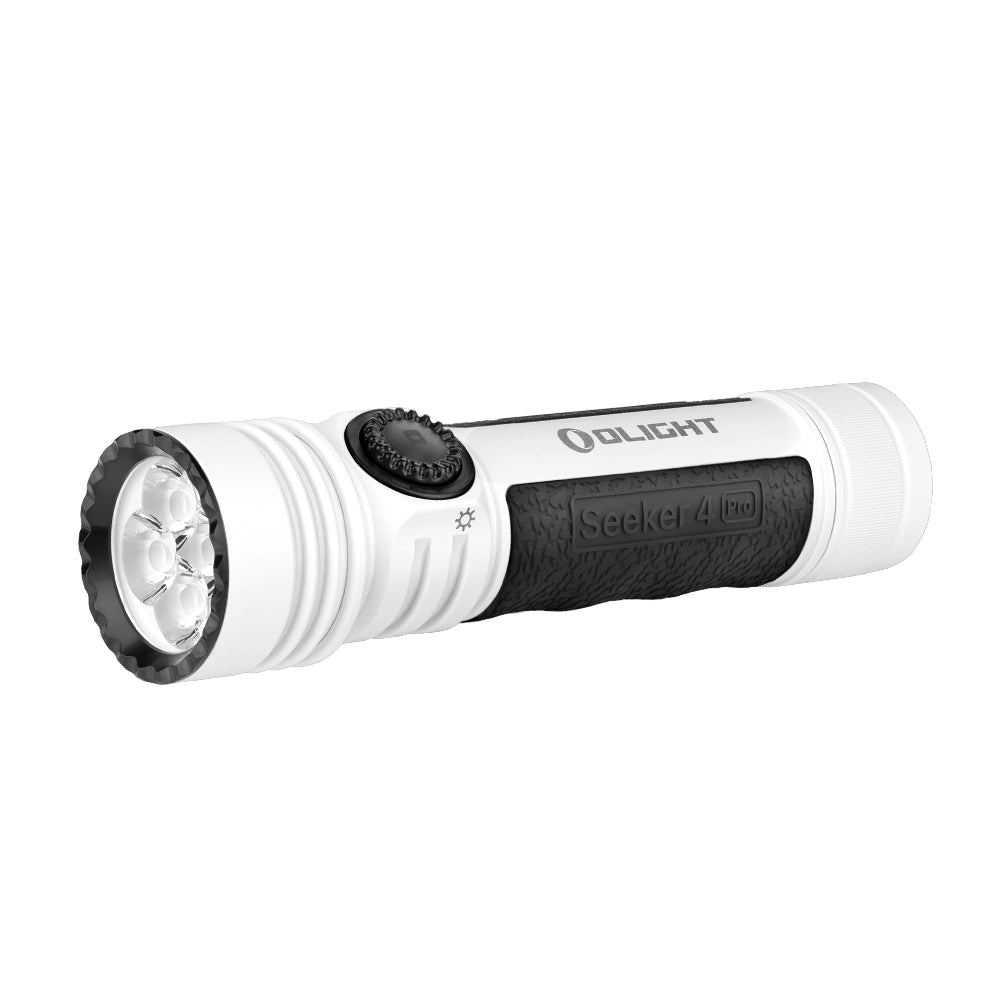 Olight Seeker 4 Pro White angled view – 4,600 lumen high-power EDC flood beam flashlight