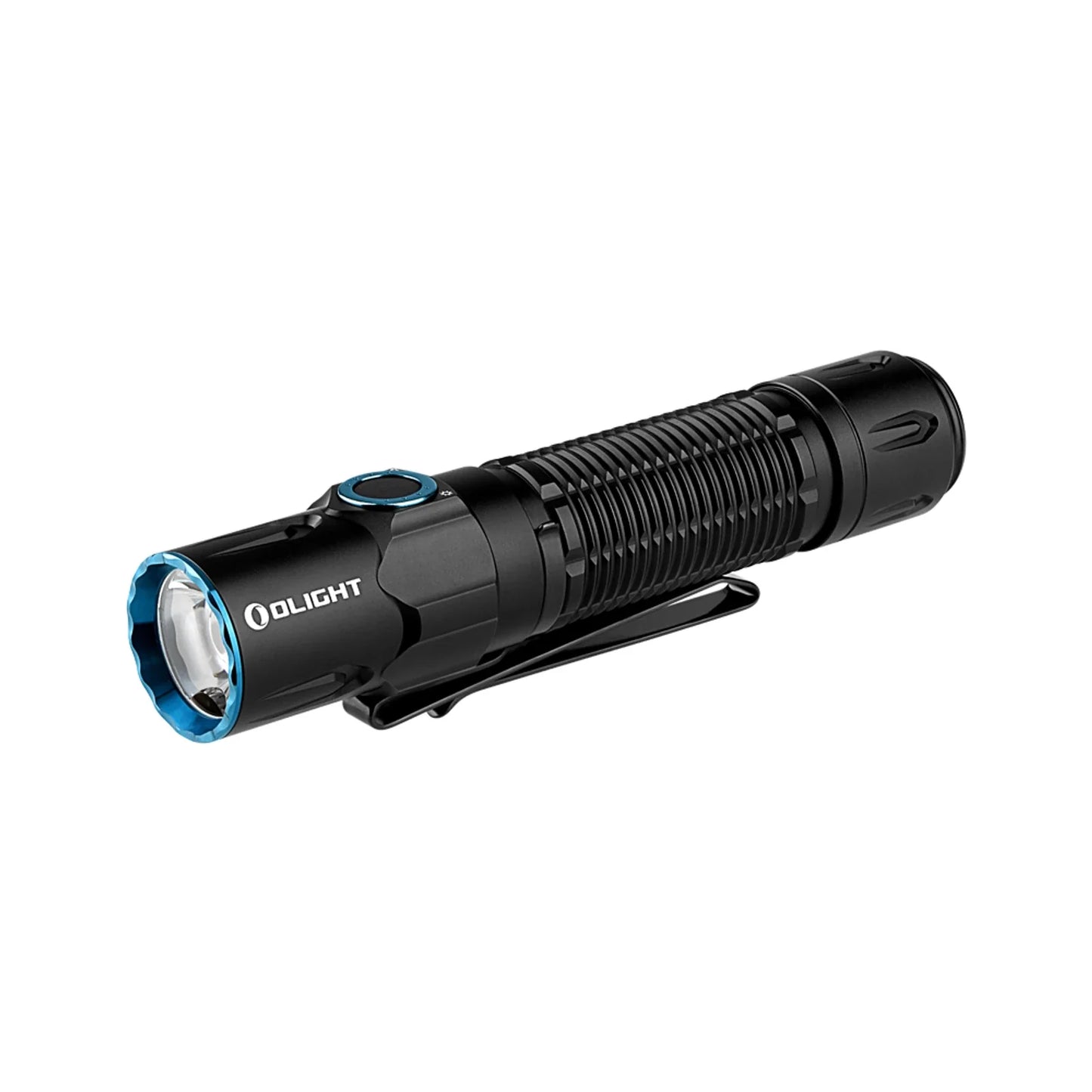 Olight Warrior 3S Black angled view showing the side switch and knurled body