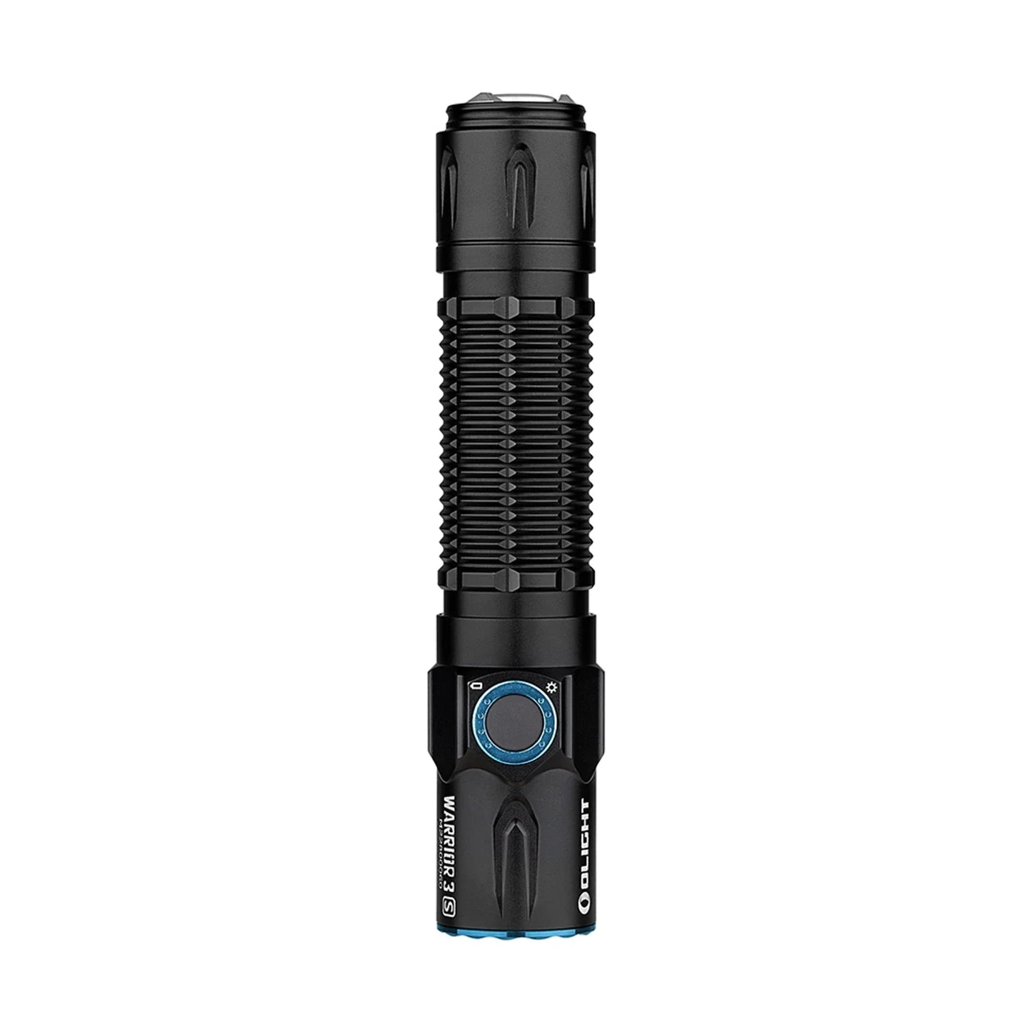 Olight Warrior 3S Black front view showing the TIR optic and crenulated bezel