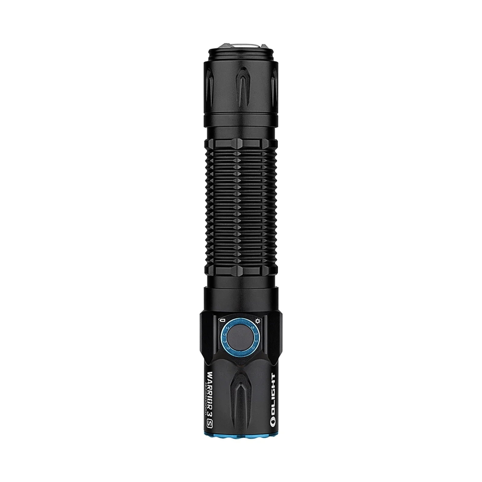 Olight Warrior 3S Black front view showing the TIR optic and crenulated bezel