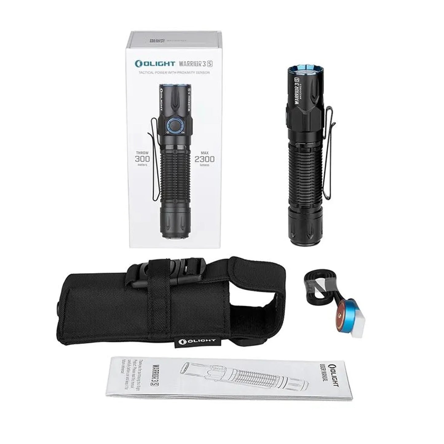 Olight Warrior 3S Black package contents – flashlight, holster, magnetic charging cable, lanyard and user manual