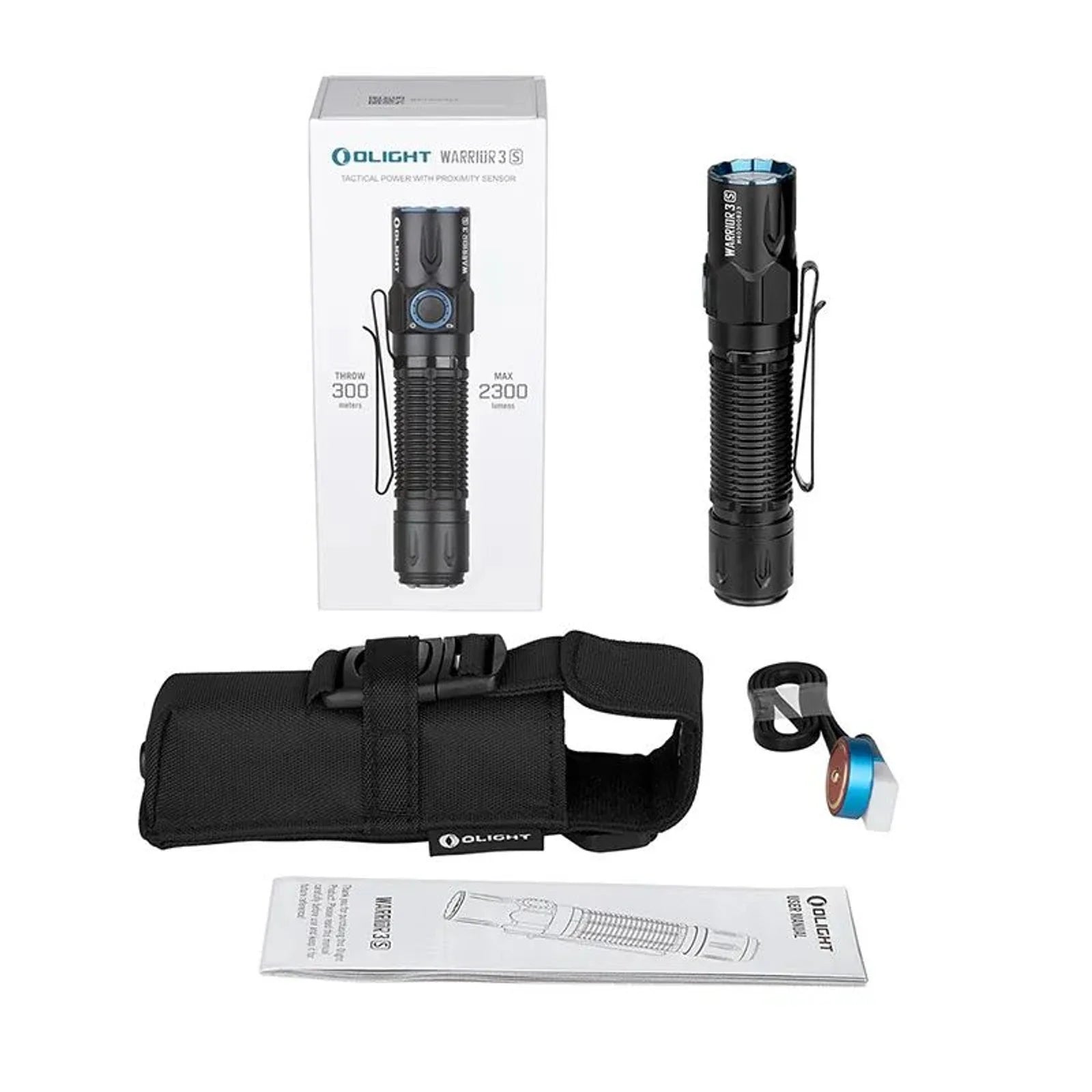 Olight Warrior 3S Black package contents – flashlight, holster, magnetic charging cable, lanyard and user manual
