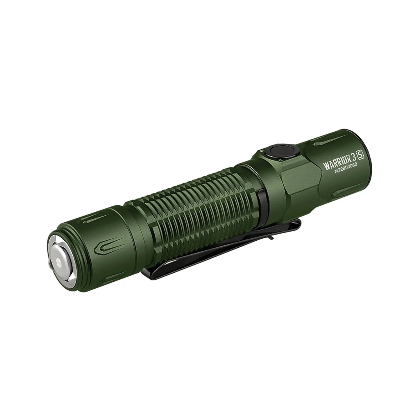 Olight Warrior 3S OD Green angled view showing the crenulated bezel and TIR optic