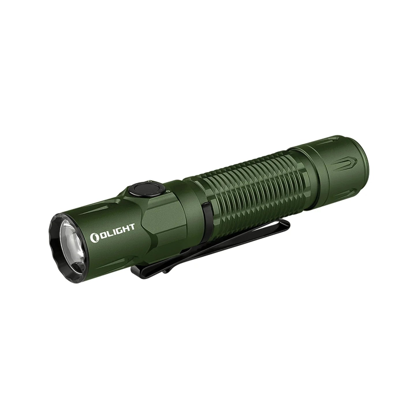 Olight Warrior 3S OD Green angled view showing the side switch and knurled body