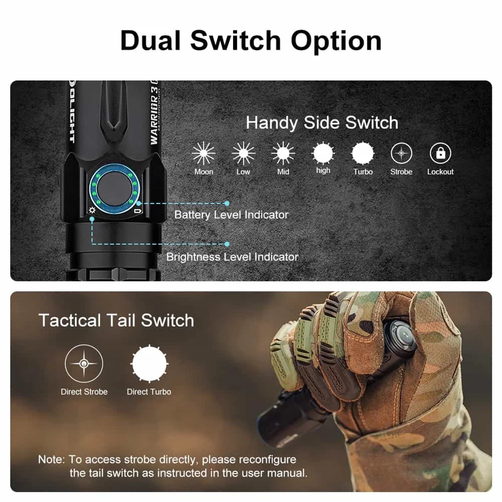 Olight Warrior 3S dual switch option – handy side switch with battery and brightness indicators, plus tactical tail switch
