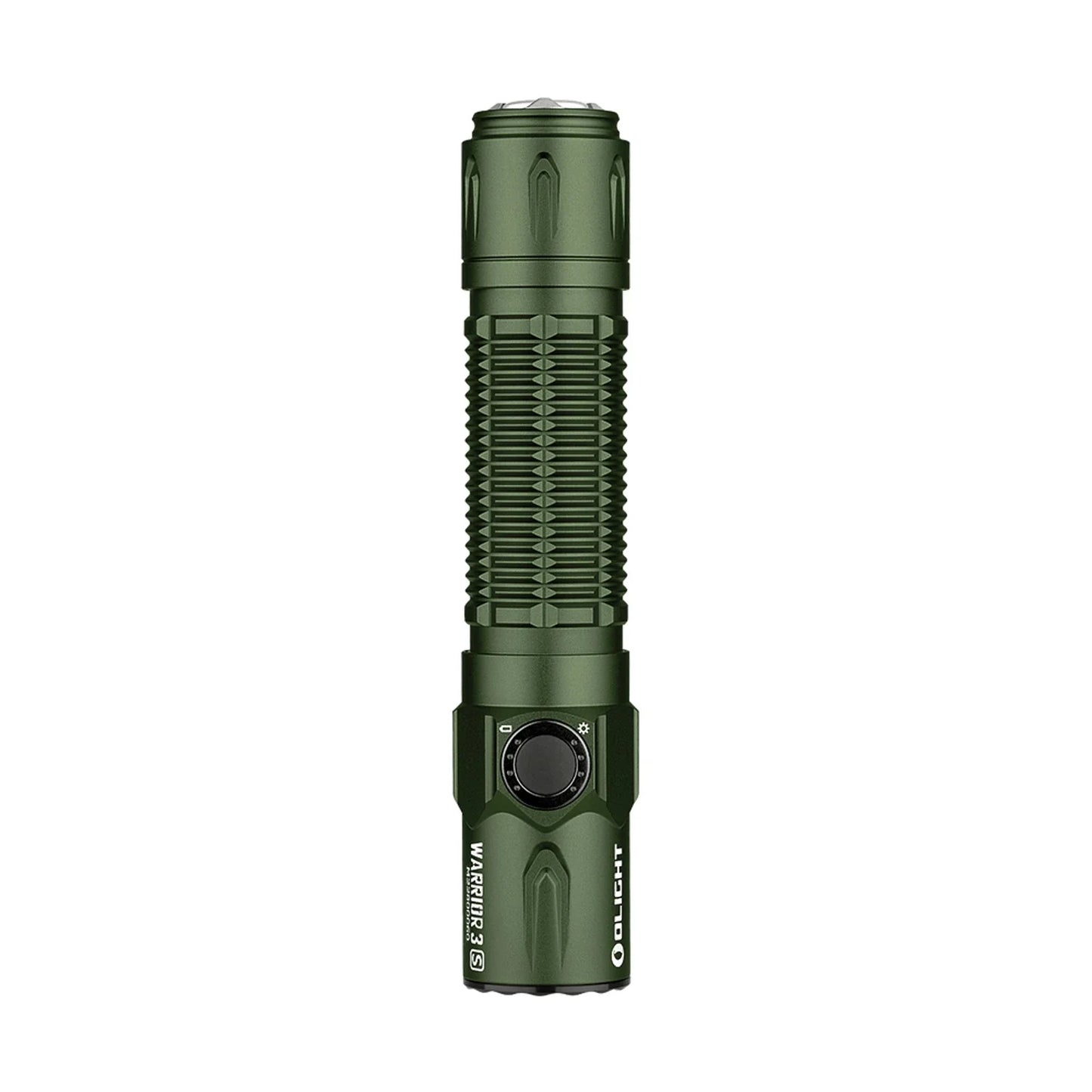 Olight Warrior 3S OD Green front view showing the TIR optic and crenulated bezel