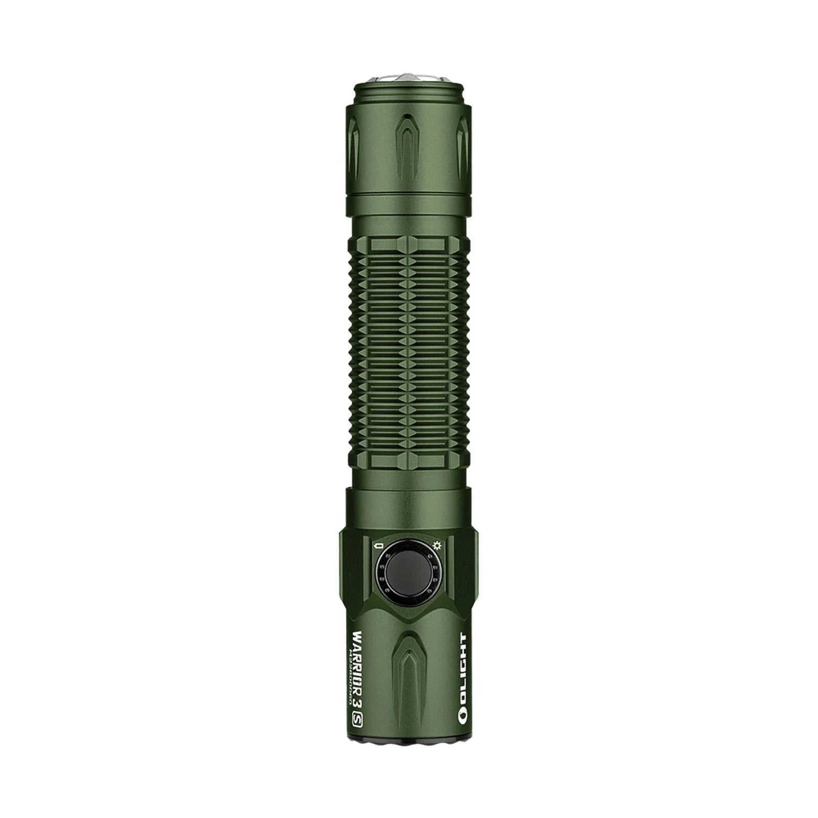 Olight Warrior 3S OD Green front view showing the TIR optic and crenulated bezel