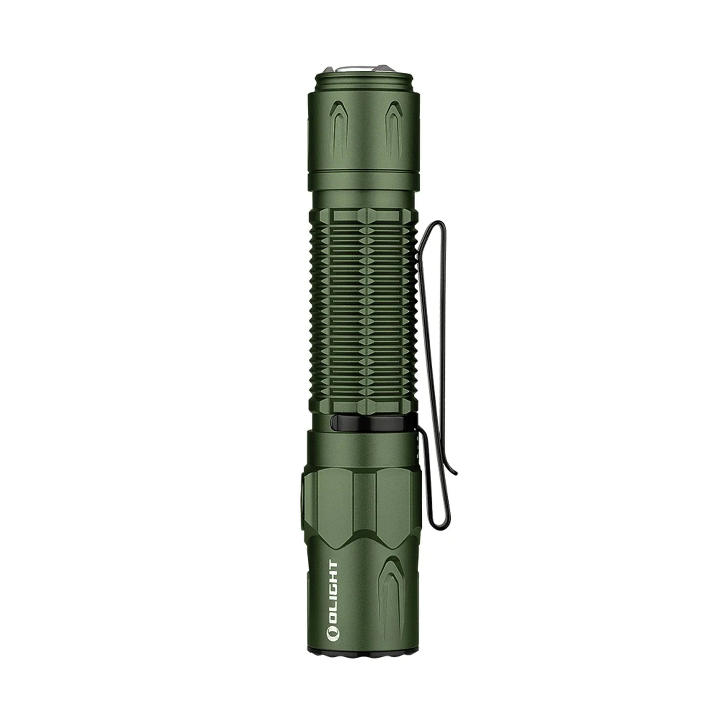Olight Warrior 3S OD Green rear view showing the tactical tail switch