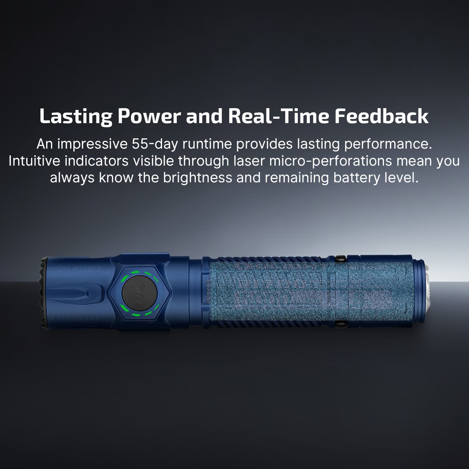 Olight Warrior Ultra Navy Blue lasting power – 55 day runtime with laser micro-perforated brightness and battery indicators