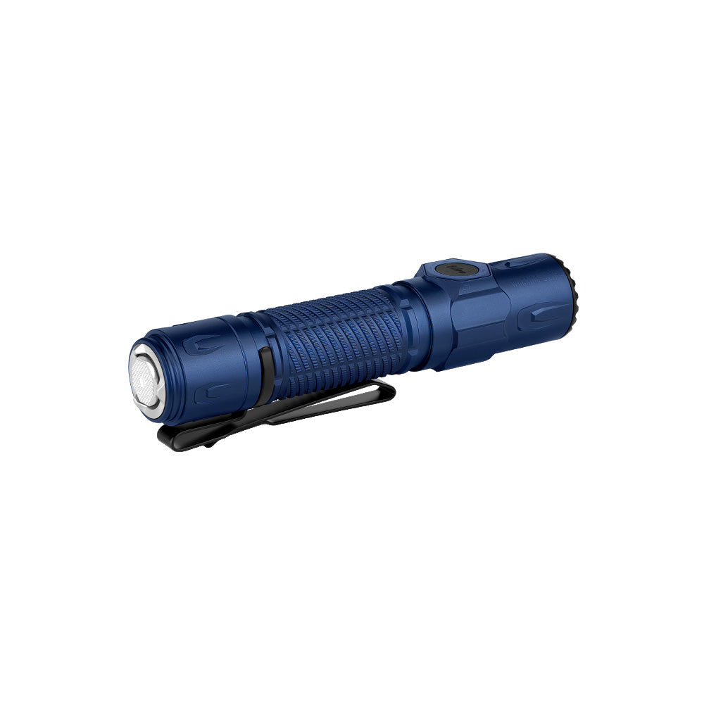 Olight Warrior Ultra Navy Blue angled view showing the aggressive bezel and side switch