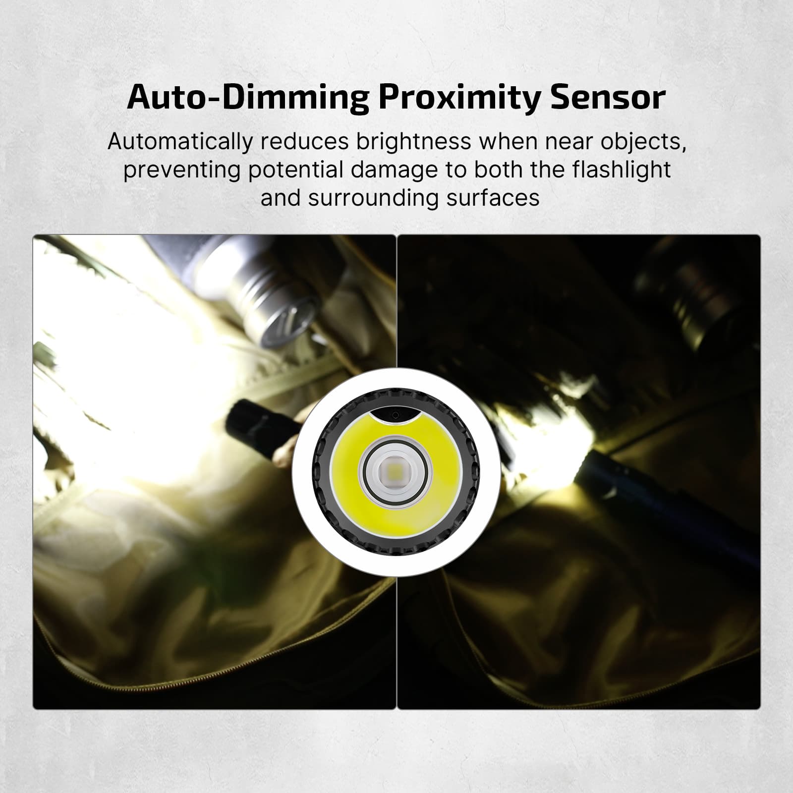 Olight Warrior Ultra auto-dimming proximity sensor automatically reduces brightness near objects