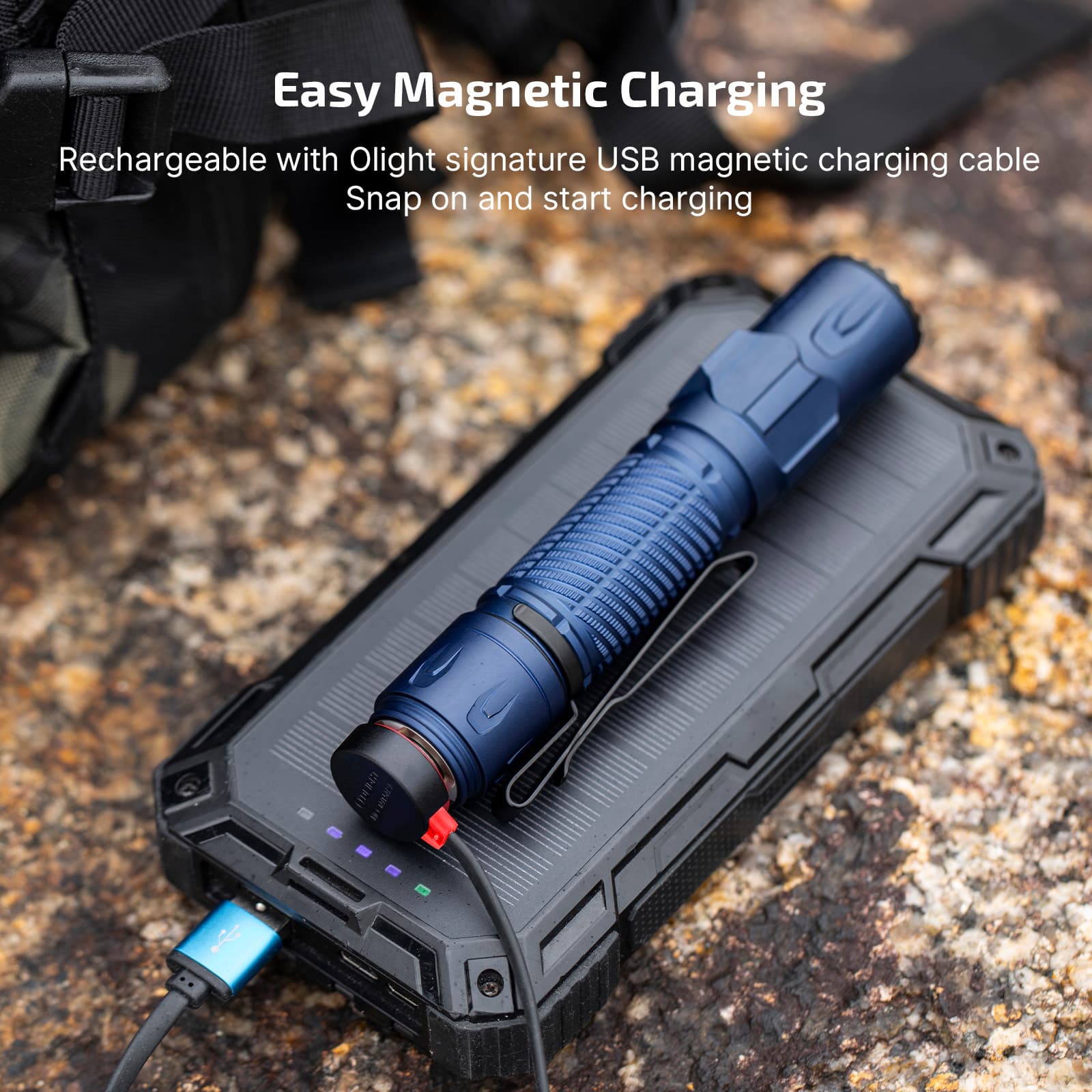 Olight Warrior Ultra Navy Blue easy magnetic charging with the Olight USB magnetic charging cable