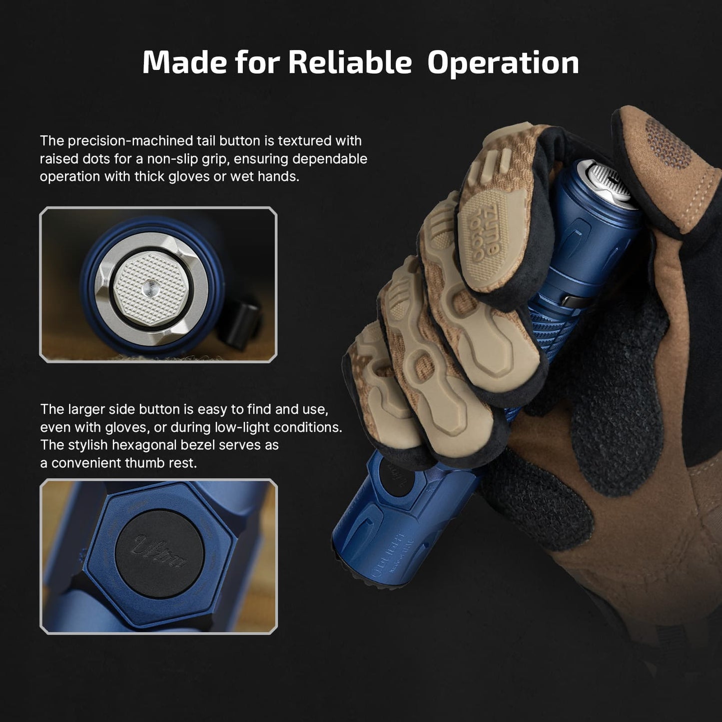 Olight Warrior Ultra reliable operation – knurled tail button and enlarged hexagonal side switch usable with gloves