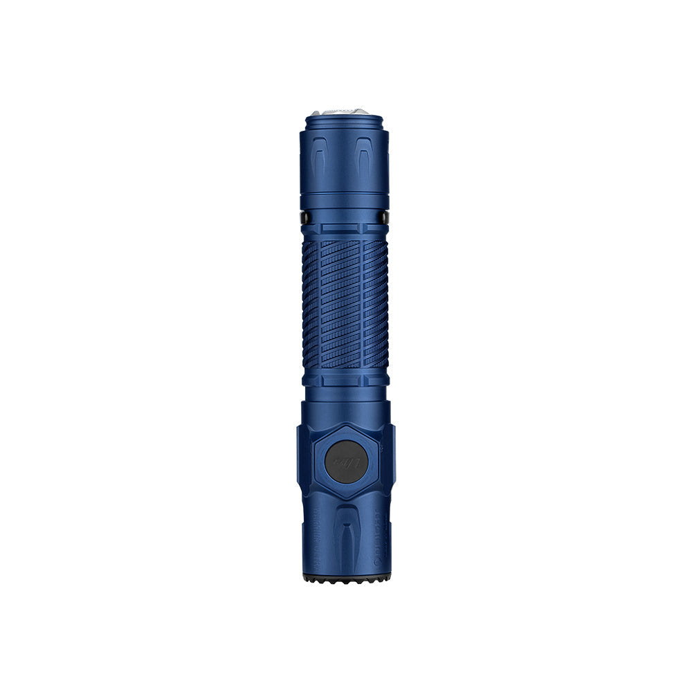 Olight Warrior Ultra Navy Blue rear view showing the textured tail button