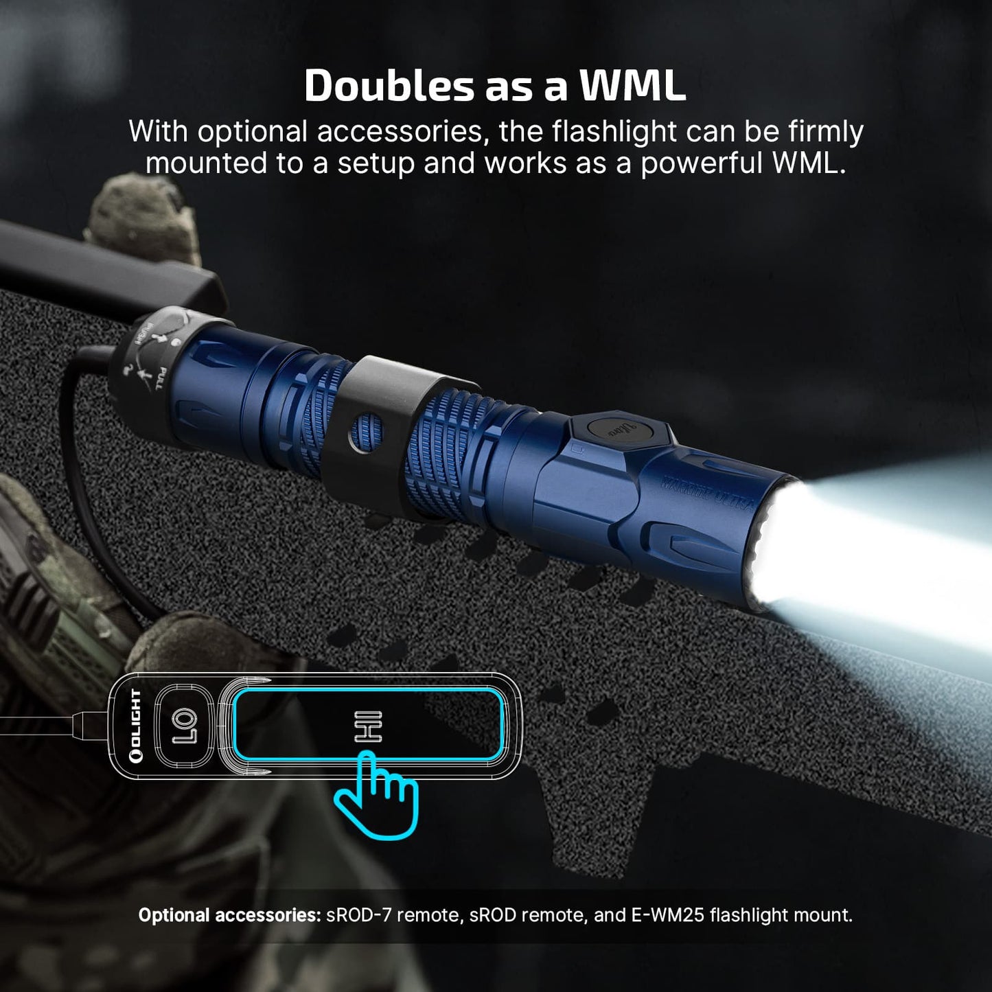 Olight Warrior Ultra Navy Blue doubles as a weapon mounted light with optional sROD-7 remote and E-WM25 mount