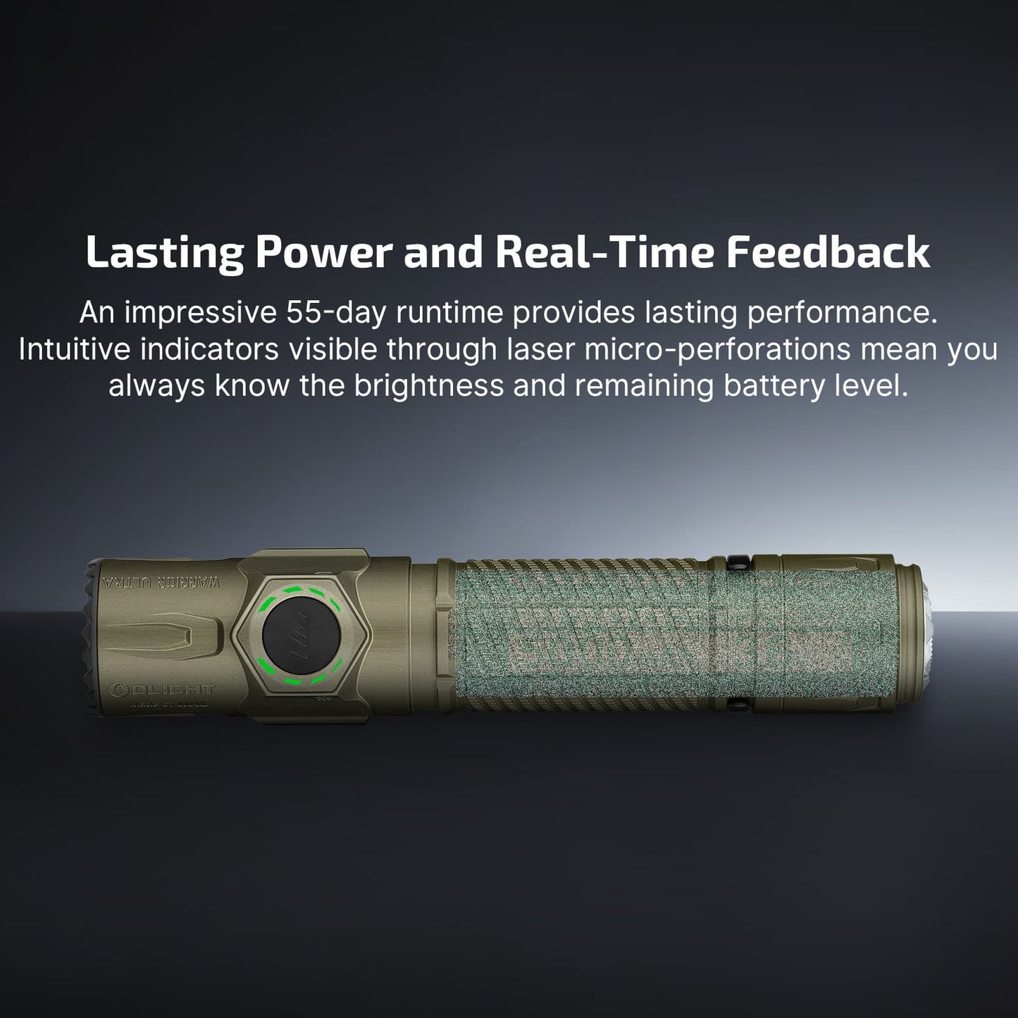 Olight Warrior Ultra Olive Green lasting power – 55 day runtime with laser micro-perforated brightness and battery indicators