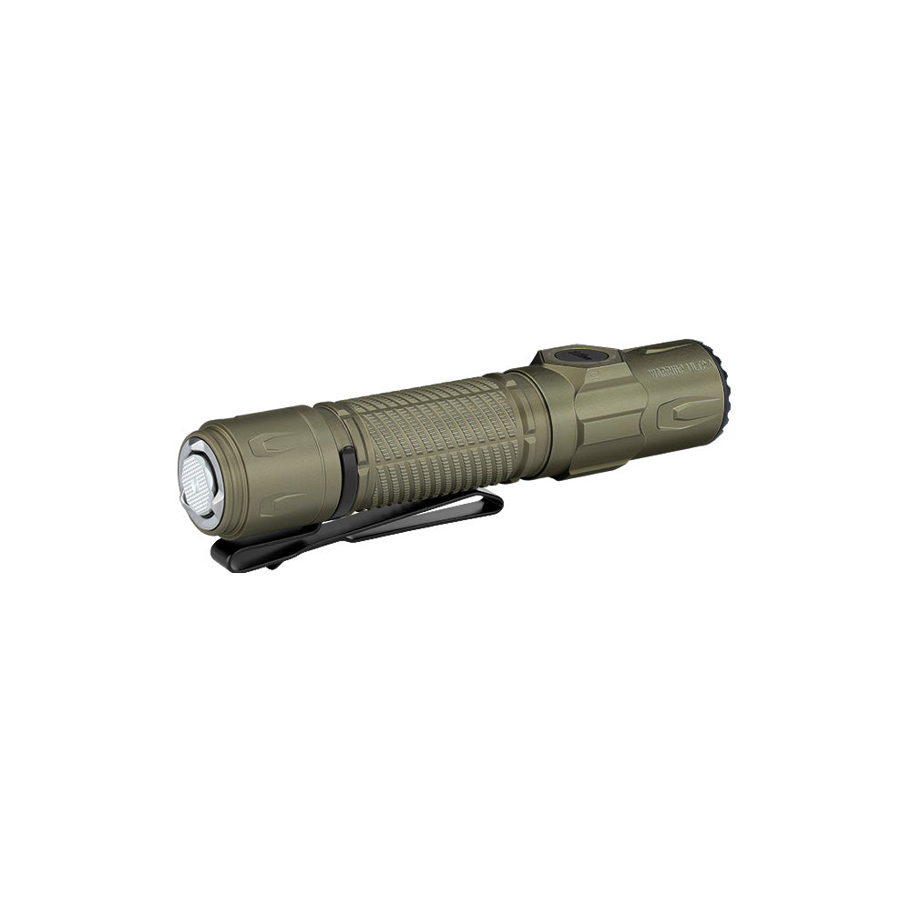 Olight Warrior Ultra Olive Green angled view showing the aggressive bezel and side switch