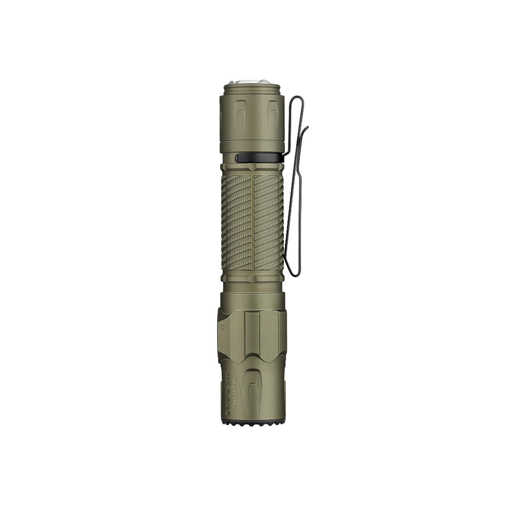 Olight Warrior Ultra Olive Green front view – 2,500 lumen tactical flashlight with lanyard