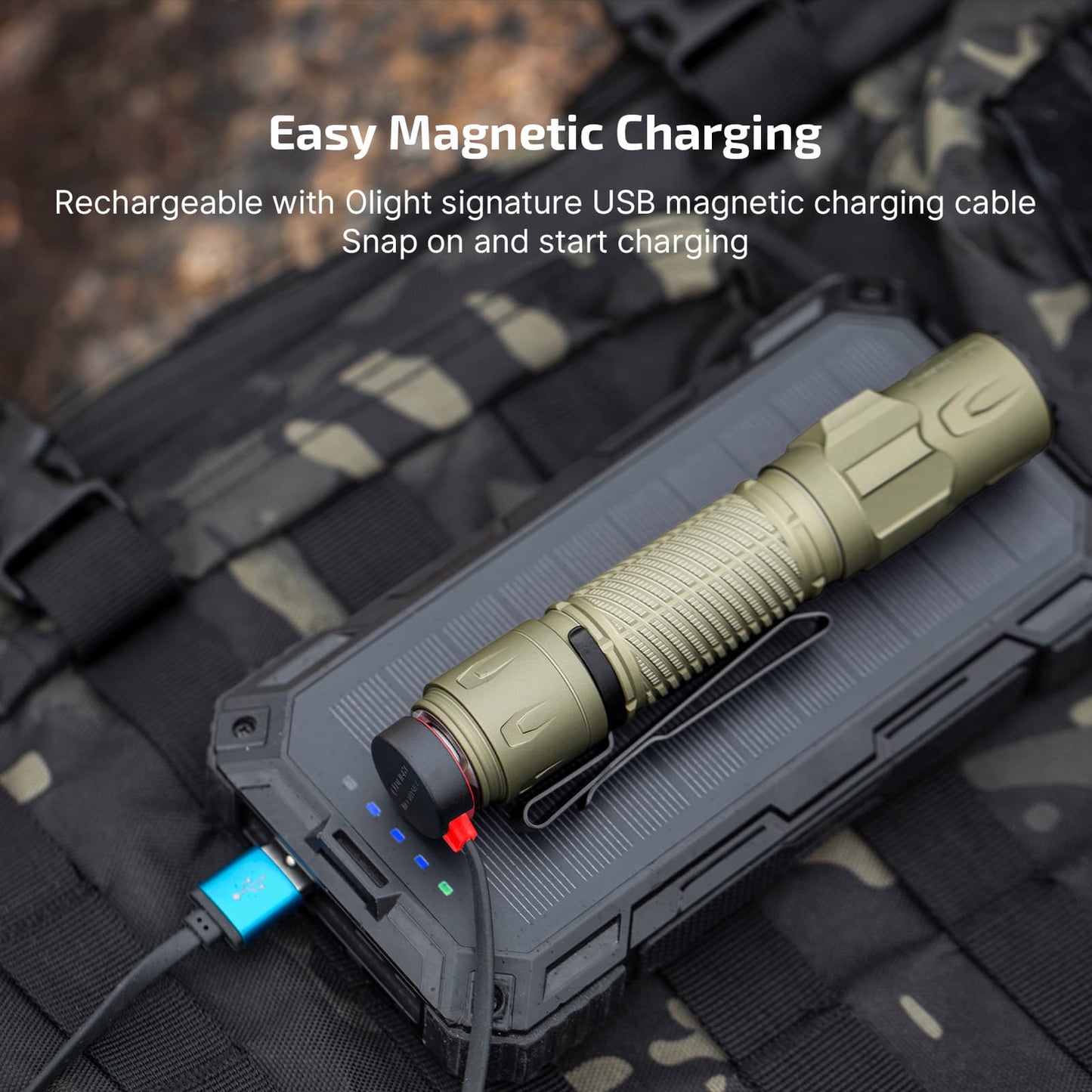 Olight Warrior Ultra Olive Green easy magnetic charging with the Olight USB magnetic charging cable