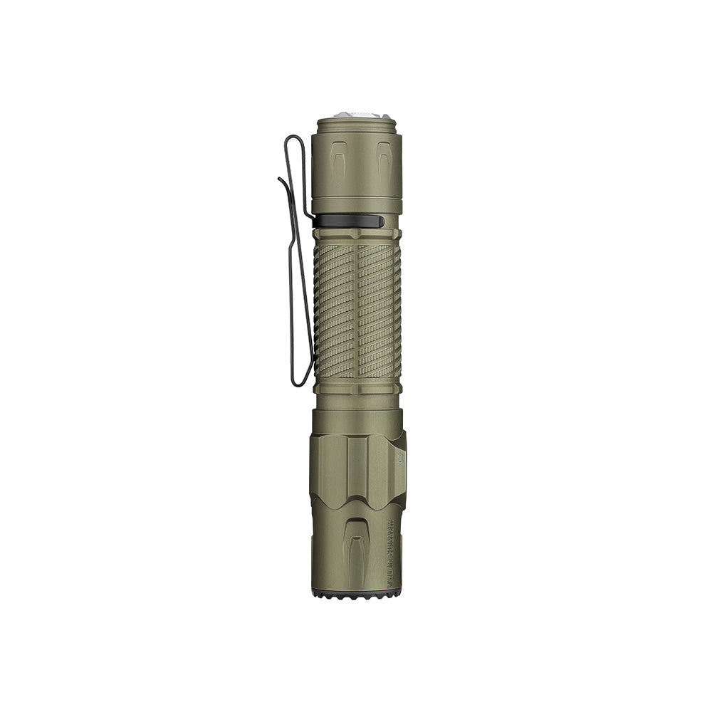 Olight Warrior Ultra Olive Green side profile view showing the textured O-aluminum body