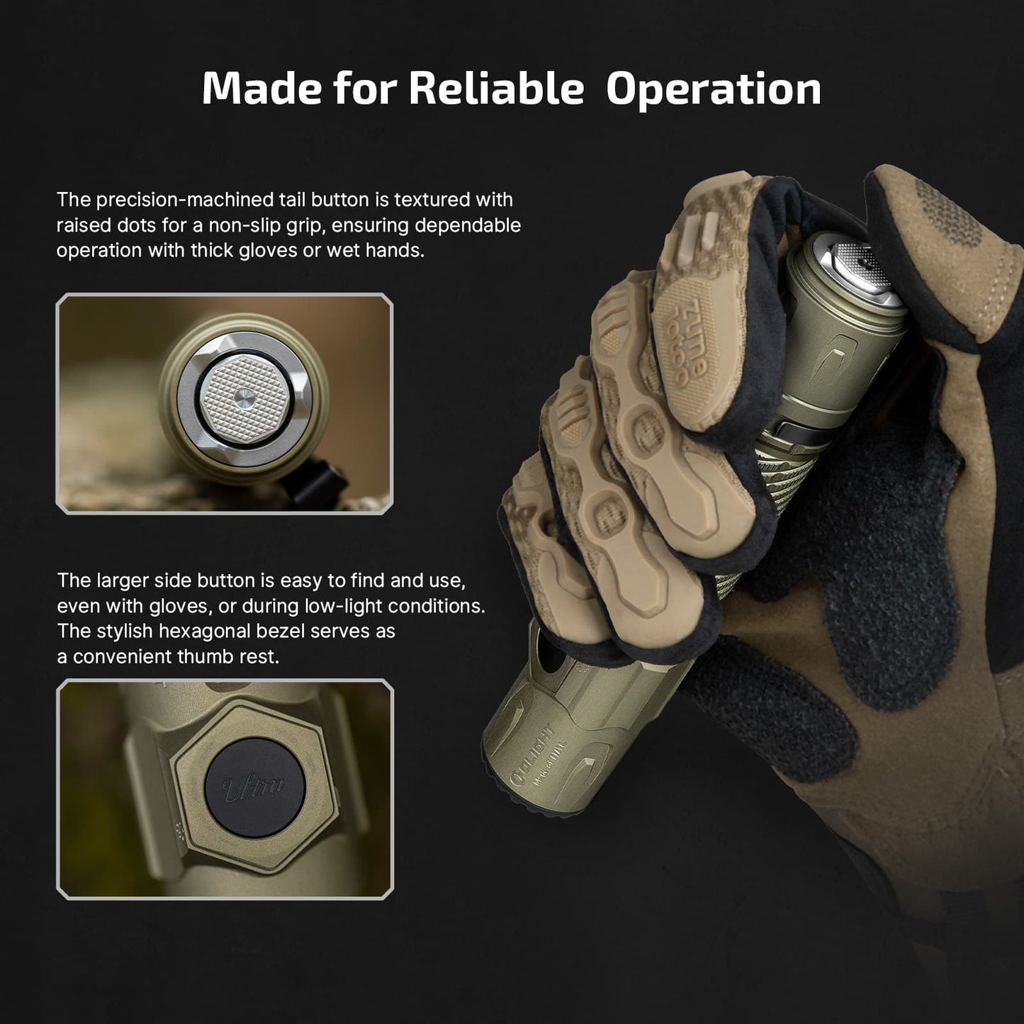 Olight Warrior Ultra reliable operation – knurled tail button and enlarged hexagonal side switch usable with gloves