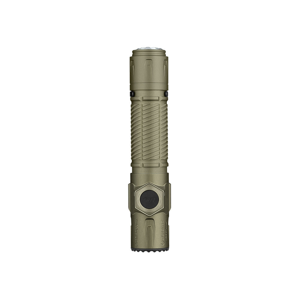 Olight Warrior Ultra Olive Green rear view showing the textured tail button
