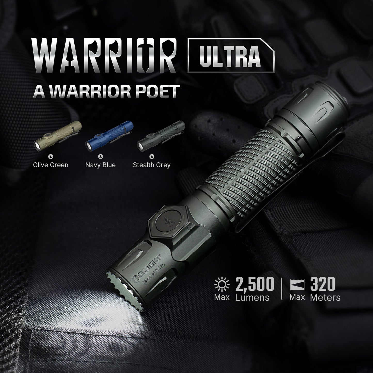 Olight Warrior Ultra – 2,500 max lumens and 320 meter max throw, shown in Olive Green, Navy Blue and Stealth Grey