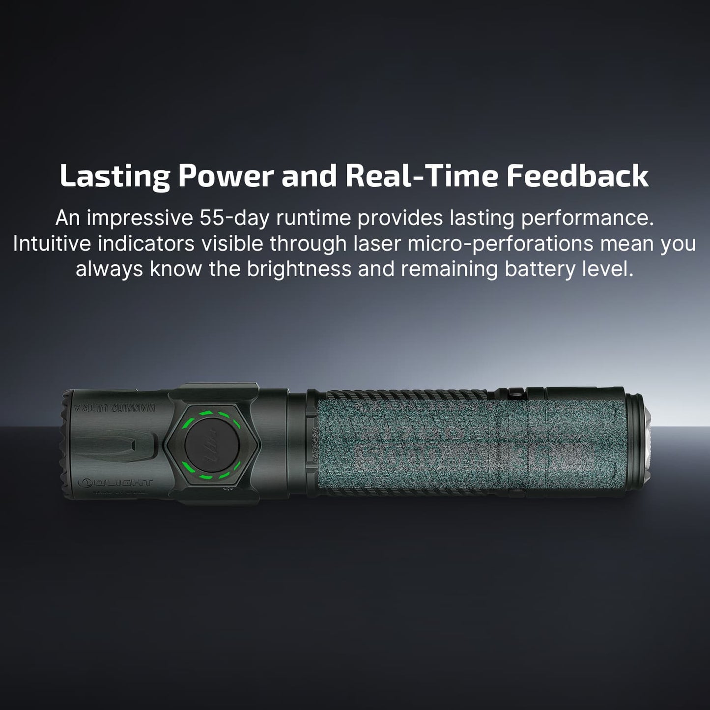 Olight Warrior Ultra lasting power – 55 day runtime with brightness and battery level shown through laser micro-perforated indicators