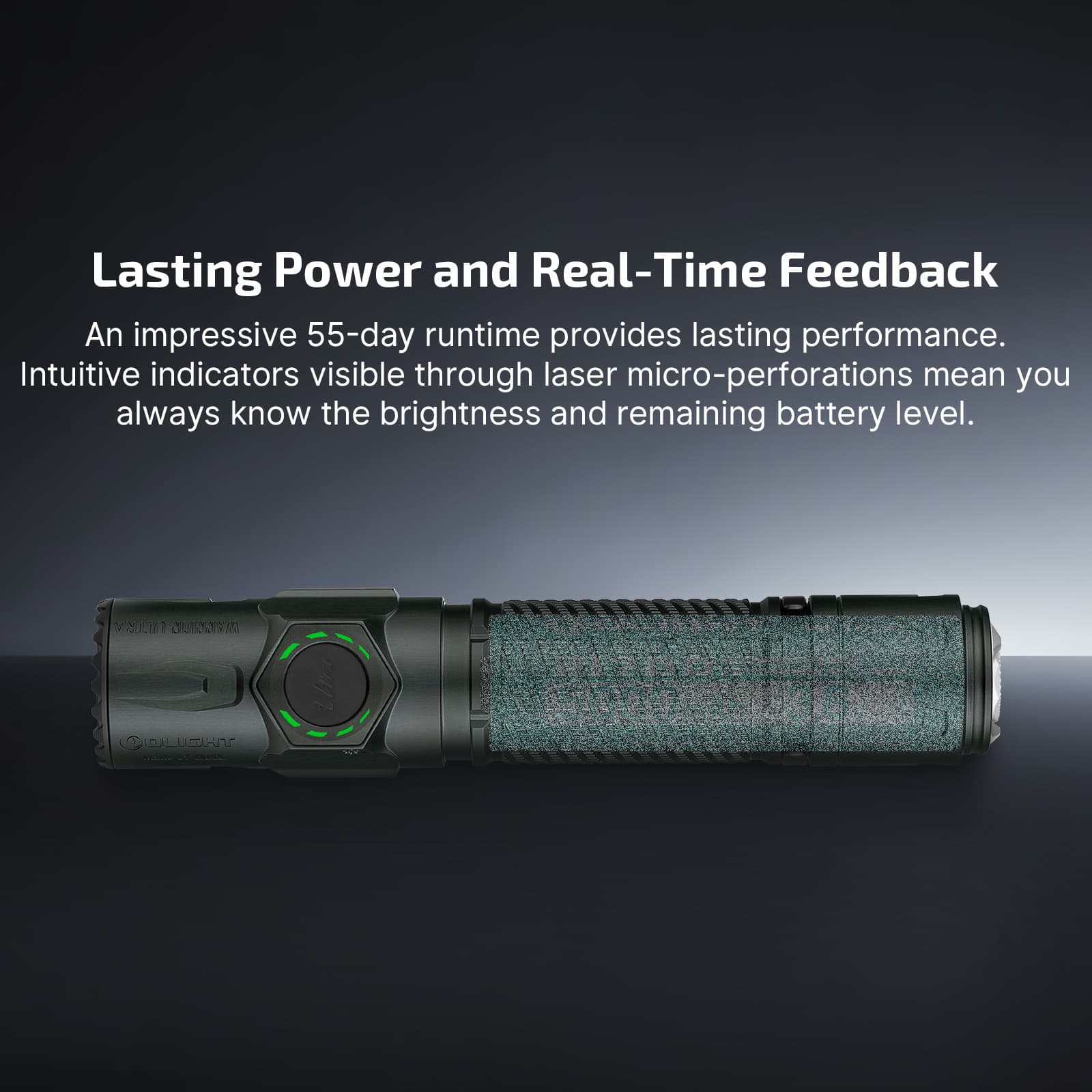 Olight Warrior Ultra lasting power – 55 day runtime with brightness and battery level shown through laser micro-perforated indicators