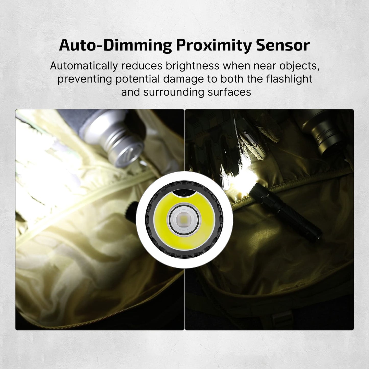 Olight Warrior Ultra auto-dimming proximity sensor automatically reduces brightness near objects